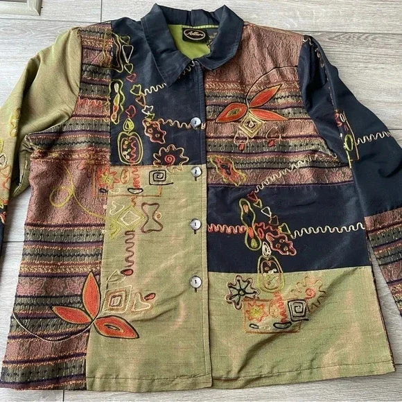 Allure Multicolor Patchwork Button-Front Jacket - Black, Olive, Rust - Picture 10 of 16
